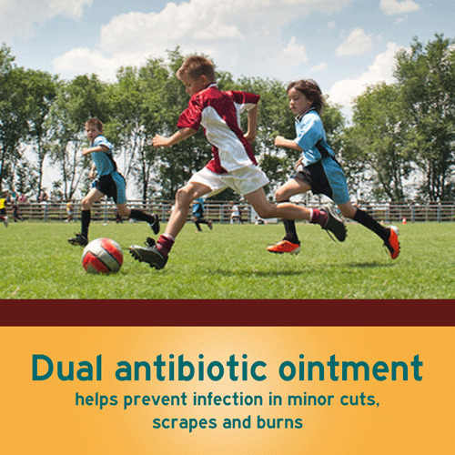 Features a dual antibiotic ointment to help prevent infection in minor cuts, scrapes, and burns