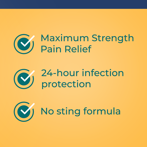 Features maximum strength pain relief, 24-hour infection protection, and a no sting formula